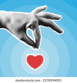 Trendy background with heart and hand. Blue backdrop for Valentine`s Day. Modern y2k collage and paper cut out elements