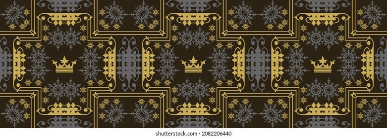 Trendy background image with decorative gold ornaments on black background in royal style for your design projects, seamless pattern, wallpaper textures with flat design. Vector illustration