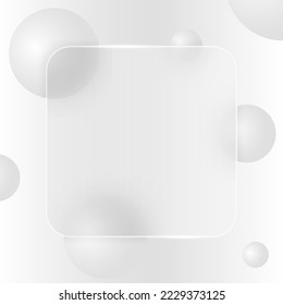 Trendy background in monochrome color with glass morphism effect. Transparent frosted glass plates. Abstract square banner template with white and grey circles with blur. Vector illustration