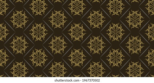 Trendy background pattern with decorative gold ornament on black background, wallpaper. Seamless pattern, texture. Vector illustration