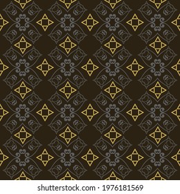 Trendy background pattern with decorative ornament in vintage style on black background, wallpaper. Seamless pattern, texture. Vector art