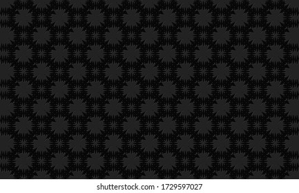 Trendy background pattern of geometric abstract flowers with indented outline. Vector graphics on a black background.