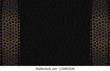 Trendy background pattern of geometric shapes. The pattern with the texture is evenly filled with black indented polygons in the form of a mosaic with vertical gold accents. Vector graphics on a black