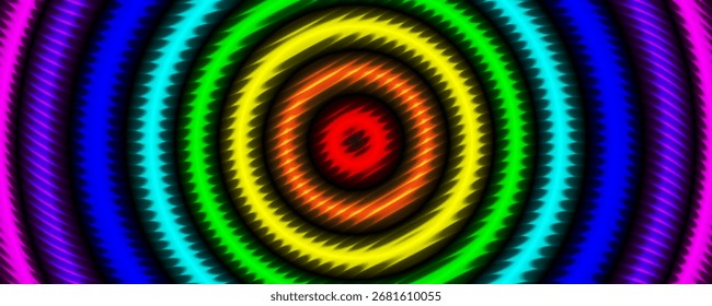 Fundo da moda com círculos arco-íris com nervuras de textura de vidro fractal em preto. Efeito de vidro fractal de gradiente listrado abstrato. Distorção futurista. Modelo de vidro com nervuras. Ilustração vetorial