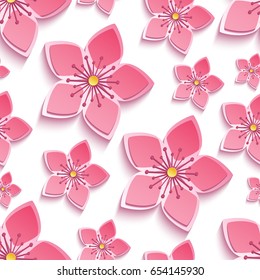 Trendy Background Seamless Pattern With Decorative Pink 3d Sakura Blossom, Japanese Cherry Tree, Cutting Paper. Floral Stylish Modern Wallpaper With Flowers. Vector Illustration