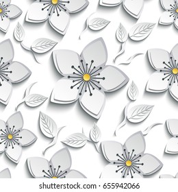 Trendy background seamless pattern with decorative white, grey 3d sakura blossom, japanese cherry tree branch, cutting paper. Floral stylish modern wallpaper with flower and leaf. Vector illustration