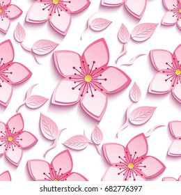 Trendy background seamless pattern with decorative pink 3d sakura blossom, japanese cherry tree branch cutting paper. Stylish modern floral wallpaper with flower and leaf. Vector illustration