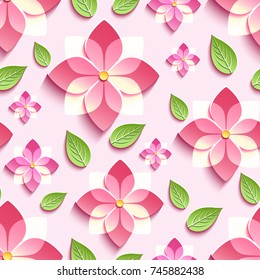 Trendy background seamless pattern with decorative pink 3d sakura blossom, japanese cherry tree cutting paper. Stylish modern floral wallpaper with flower and green leaf. Vector illustration