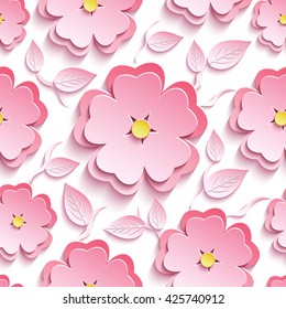 Trendy background seamless pattern with pink 3d flower sakura - japanese cherry tree, branch and leaf cutting paper. Floral stylish modern wallpaper. Vector illustration