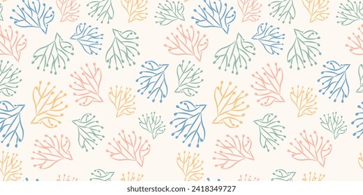 Fondo de diseño con formas naturales sencillas en tonos pastel. Patrón floral Hojas orgánicas. Ilustración vectorial con colorido doodle a mano alzada. Diseño para envolver papel, impresión de tela