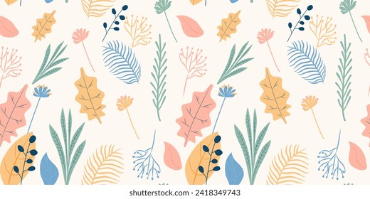 Fondo de diseño con formas naturales sencillas en tonos pastel. Patrón floral Hojas orgánicas. Ilustración vectorial con colorido doodle a mano alzada. Diseño para envolver papel, impresión de tela