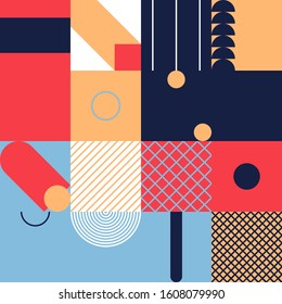 Trendy background with simple shapes. Colorful geometric pattern in 80s-90s styles. Great for a poster design, fabric print, wallpaper, wrapping paper.