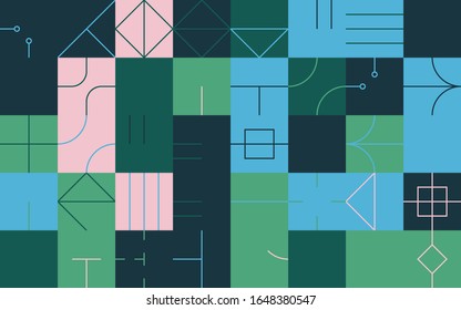Trendy background with simple shapes. Colorful geometric pattern in eco friendly color palette.  