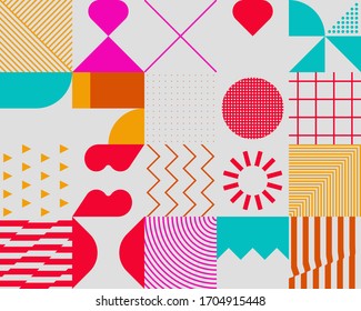 Trendy background with simple shapes. Colorful geometric pattern in 80s-90s styles. Great for a poster design, fabric print, wallpaper, wrapping paper.