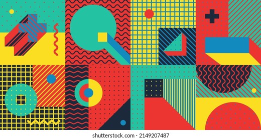 Trendy Background With Simple Shapes, Figures. Colorful Geometric Pattern In 80s-90s Styles. Vector Abstract Composition For Wallpaper Decorations, Presentations, Poster Design, Fabrics Textile.