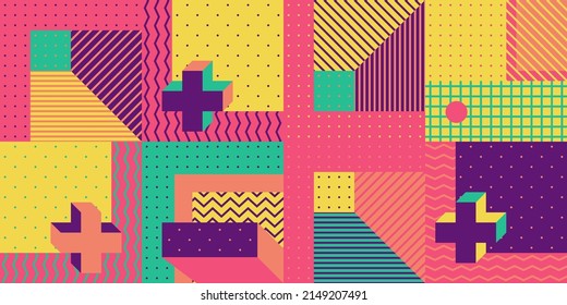 Trendy Background With Simple Shapes, Figures. Colorful Geometric Pattern In 80s-90s Styles. Vector Abstract Composition For Wallpaper Decorations, Presentations, Poster Design, Fabrics Textile.