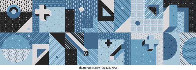 Fondo Moderno Con Formas Sencillas, Figuras. Patrón geométrico colorido en estilos de 80-90. Composición Del Resumen Del Vector Para Decoraciones De Papel De Fondo, Presentaciones, Diseño De Carteles, Tejidos Textiles.