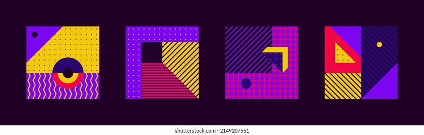 Trendy Background With Simple Shapes, Figures. Colorful Geometric Pattern In 80s-90s Styles. Vector Abstract Composition For Wallpaper Decorations, Presentations, Poster Design, Fabrics Textile.