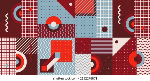 Trendy Background With Simple Shapes, Figures. Colorful Geometric Pattern In 80s-90s Styles. Vector Abstract Composition For Wallpaper Decorations, Presentations, Poster Design, Fabrics Textile.