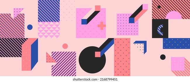 Trendy Background With Simple Shapes, Figures. Colorful Geometric Pattern In 80s-90s Styles. Vector Abstract Composition For Wallpaper Decorations, Presentations, Poster Design, Fabrics Textile.
