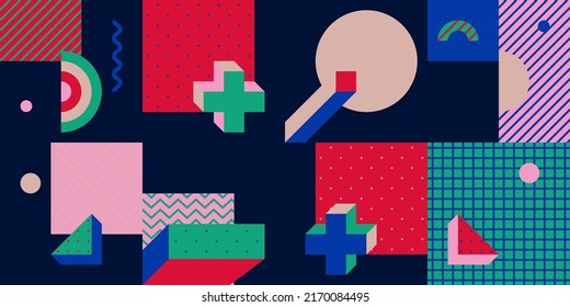 Trendy Background With Simple Shapes, Figures. Colorful Geometric Pattern In 80s-90s Styles. Vector Abstract Composition For Wallpaper Decorations, Presentations, Poster Design, Fabrics Textile.