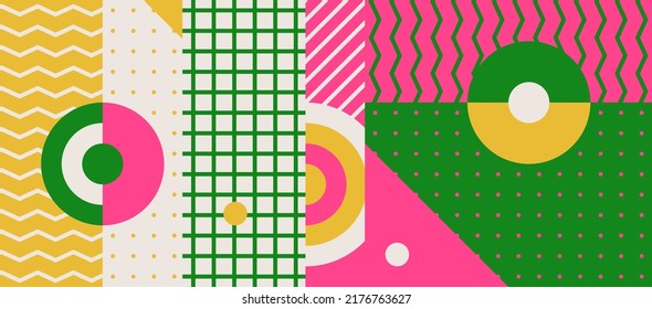 Trendfarbener Hintergrund mit einfachen Formen, Figuren. Farbiges geometrisches Muster in Stilen der 80er bis 90er Jahre. Abstrakte Vektorkomposition für Tapetendekorationen, Präsentationen, Poster-Design, Stoffgewebe.
