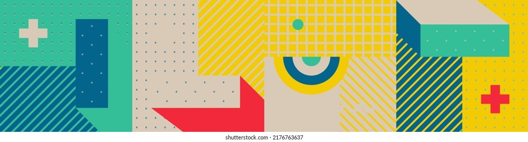 Trendy Background With Simple Shapes, Figures. Colorful Geometric Pattern In 80s-90s Styles. Vector Abstract Composition For Wallpaper Decorations, Presentations, Poster Design, Fabrics Textile.