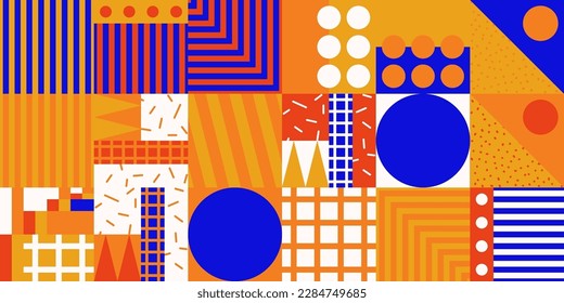 Trendy Background With Simple Shapes, Figures. Colorful Geometric Pattern In 80s-90s Styles. Vector Abstract Composition For Wallpaper Decorations, Presentations, Poster Design, Fabrics Textile.