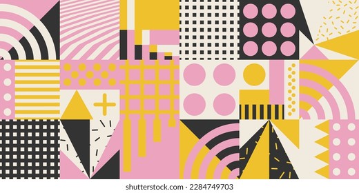 Trendy Background With Simple Shapes, Figures. Colorful Geometric Pattern In 80s-90s Styles. Vector Abstract Composition For Wallpaper Decorations, Presentations, Poster Design, Fabrics Textile.