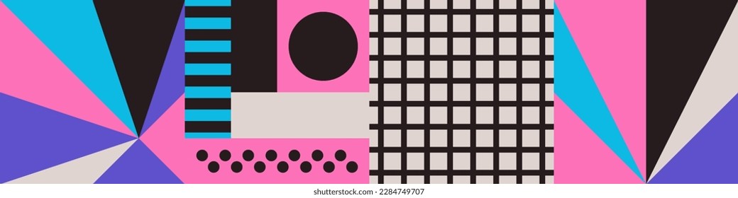Trendy Background With Simple Shapes, Figures. Colorful Geometric Pattern In 80s-90s Styles. Vector Abstract Composition For Wallpaper Decorations, Presentations, Poster Design, Fabrics Textile.