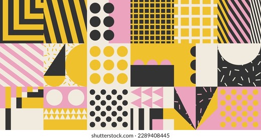 Trendy Background With Simple Shapes, Figures. Colorful Geometric Pattern In 80s-90s Styles. Vector Abstract Composition For Wallpaper Decorations, Presentations, Poster Design, Fabrics Textile.