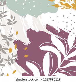 Fondo de moda para publicaciones en medios sociales, historias, carteles, portadas, tarjetas de felicitación, diseño de marca. Resumen de la plantilla de vector floral con formas orgánicas, plantas. Ilustración moderna con texturas.