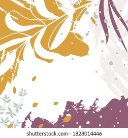 Trendy background for social media posts, stories, banners, covers, greeting cards, branding design. Abstract floral vector template with organic shapes, plants. Modern illustration with textures.