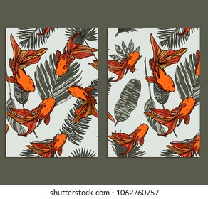 Trendy background tropical leaves and golden fishes set. Banner, A4, card design. Vector hand drawn illustration.