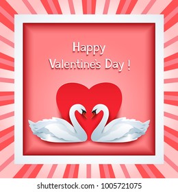 Trendy background with two stylized 3d swans and heart cutting paper. Square pink frame with ray pattern. Modern stylish greeting or invitation card for Valentines Day, wedding, anniversary, vector.
