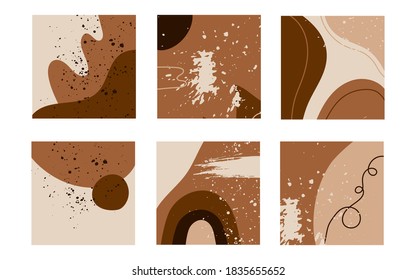 Trendy backgrounds. Patterns doodle shapes freehand beige and brown forms textures. Hand drawn abstract vector set. Insta post templates for social media marketing, digital posts, prints, banners