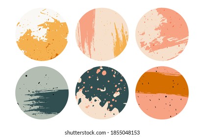 Trendy backgrounds. Patterns paint stains splashes pastel modern colors textures. Hand drawn abstract vector set. Social stories, highlights templates for media marketing banners