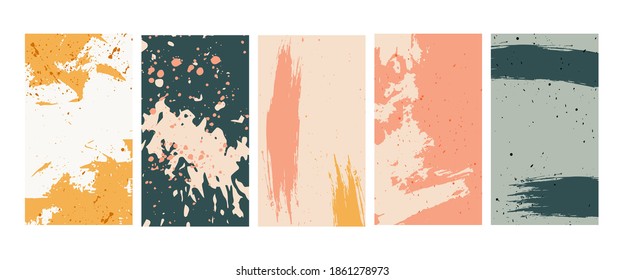 Trendy backgrounds. Patterns paint stains splashes pastel modern colors textures. Hand drawn abstract vector set. Social stories, personal blog posts, vertical templates for media marketing banners