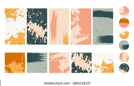 Trendy backgrounds. Patterns paint stains splashes pastel modern colors textures. Hand drawn abstract vector set. Social stories, personal blog posts, highlights templates for media marketing banners
