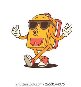Trendy backpack mascot poses seated with legs crossed, wearing sunglasses and flashing a peace sign, embodying cool vibes and confidence. Ideal for youth content. vector illustration