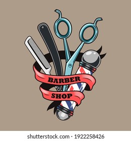 Trendy badge with barber equipment vector illustration. Colorful label with scissors, razor, pole and ribbon. Fashion, barbershop and elegant style concept can be used for retro template