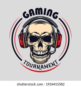 Trendy badge with skull in headphones vector illustration. Colorful label with human skull wearing headset. Cybersport and gaming zone concept can be used for retro template