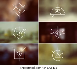Trendy badges in thin line style and card in retro style with blurred backgrounds