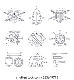 Trendy badges in thin line style on the themes of hunting, security, explore forest