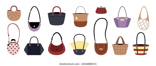 Bolsos de moda. Monedero femenino. Bolso pequeño. Diseño de estilo femenino. Moderno tote y crossbody. Colección de ropa. Bolsa de alimentos para comestibles. Boutique de compras. Vector ordenado conjunto de accesorios de moda