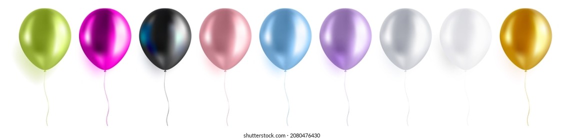 Trendy balloon set isolated on white background. Realistic helium ballon collection templates. Green, purple. black, pink, blue, silver, white, gold colours. Vector illustration.