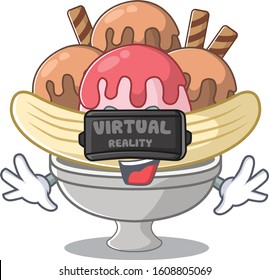 Trendy banana split character wearing Virtual reality headset