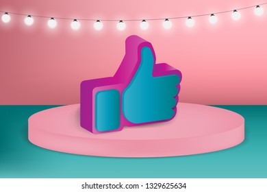 Trendy banner, background and cover. Like icon, emoji, thumb up symbol. SMM, blogging. Bright glowing decorations. Aesthetics composition, Pastel shades and Atmospheric lighting. Eps10 Vector.