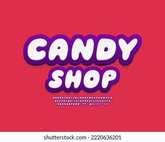 Trendy banner Candy Shop with 3d bubble letters. White violet colors alphabet and numbers on red background