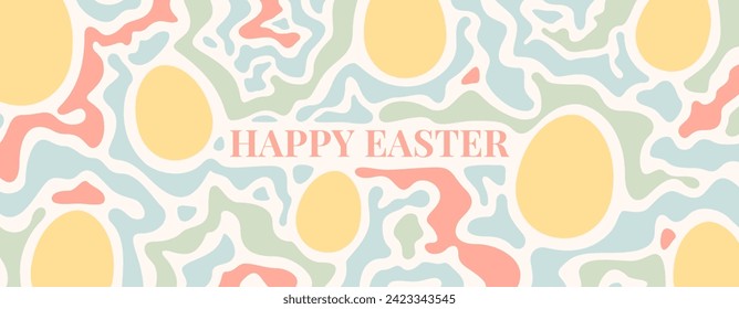 Trendy banner for Easter. Concept of modern typographic design with eggs, abstract liquid or marble pattern. Creative banner for party banner, flyer, celebration, ad, branding, cover, sale.